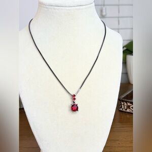 Gunmetal Red Crystal Pendant Necklace | Adjustable 16–18” | Elegant Statement